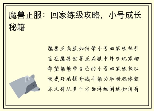 魔兽正服：回家练级攻略，小号成长秘籍
